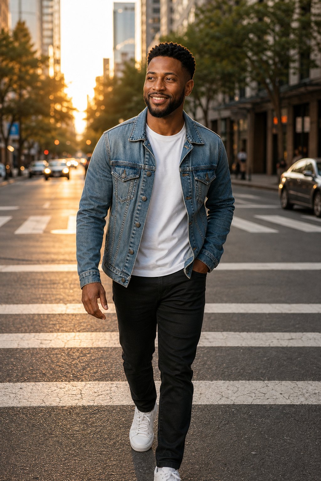 AI influencer in streetwear at a city crosswalk
